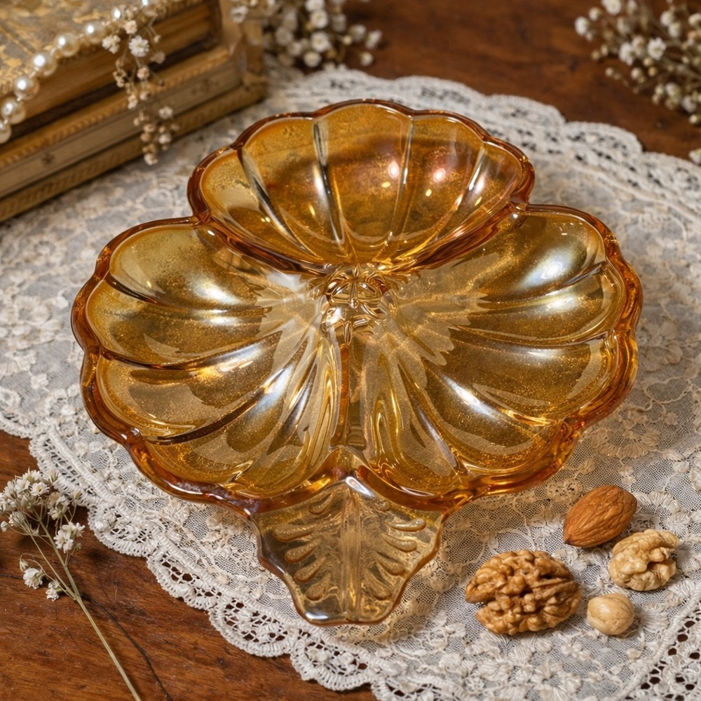 Vintage MCM Dish Glass Relish Nuts Candy Divided Iridescent Entertaining Amber